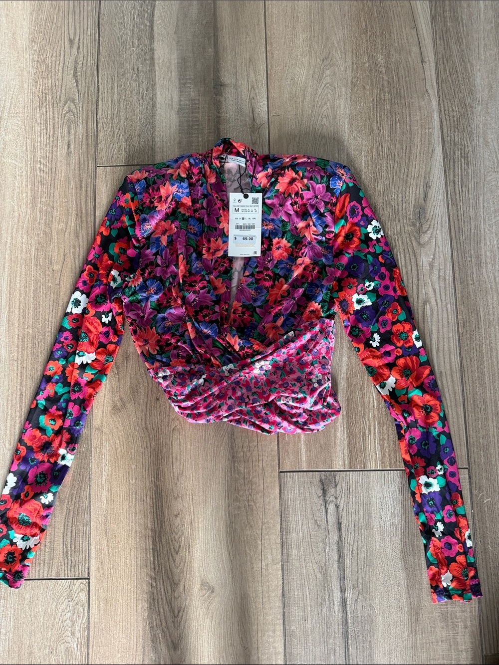 Zara Pink Multi Floral Wrap Long-Sleeve Top